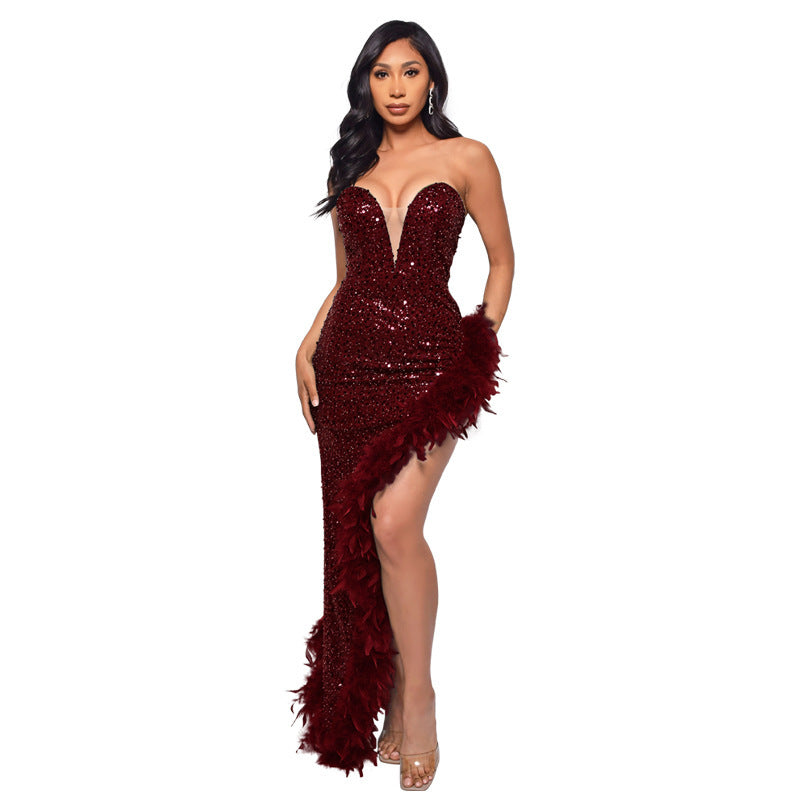 SIXSR 2025 OEM women's summer skirt high-end long dress 2025 trade tube top backless sequined feather dress wholesale