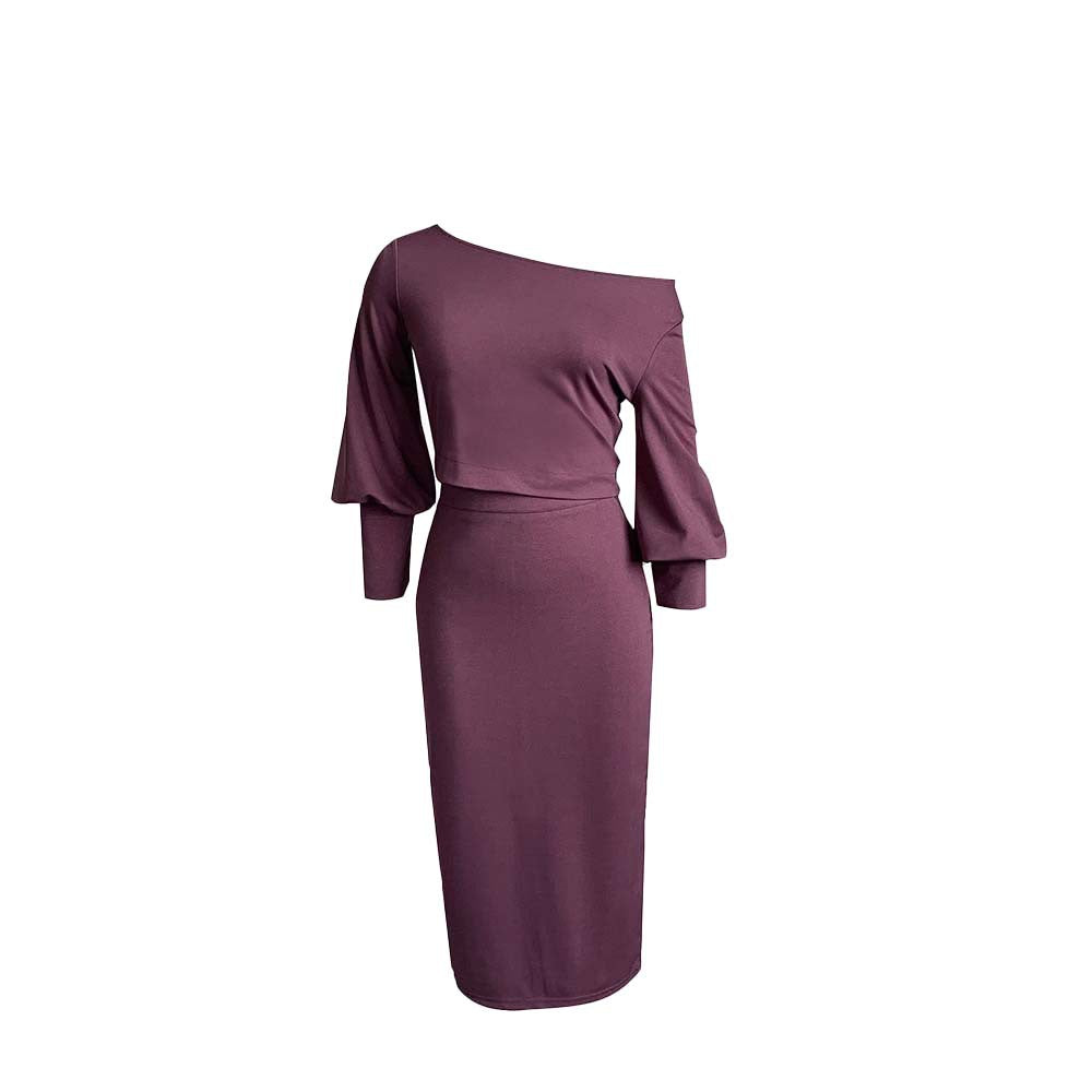SIXSR D217 New supply solid color off-the-shoulder long-sleeved top, hip-wrapped high-waisted skirt set, 2025 two-piece set.