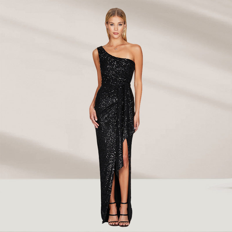 SIXSR 2025 OEM 2025 women's clothing split-ended halter dress independent station single shoulder sequined belt dress women's wholesale