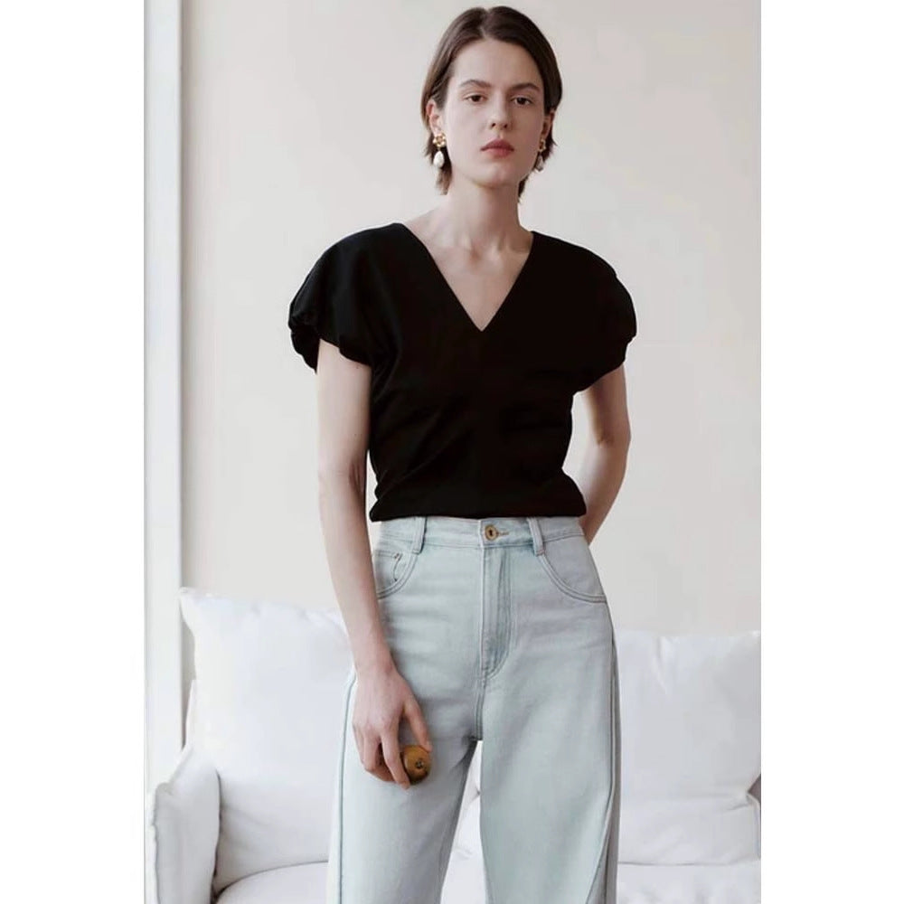 Siyuan, high-definition stand-up cut V-neck handmade bud sleeve T-shirt long-staple cotton women's design short-sleeved top women's 7043