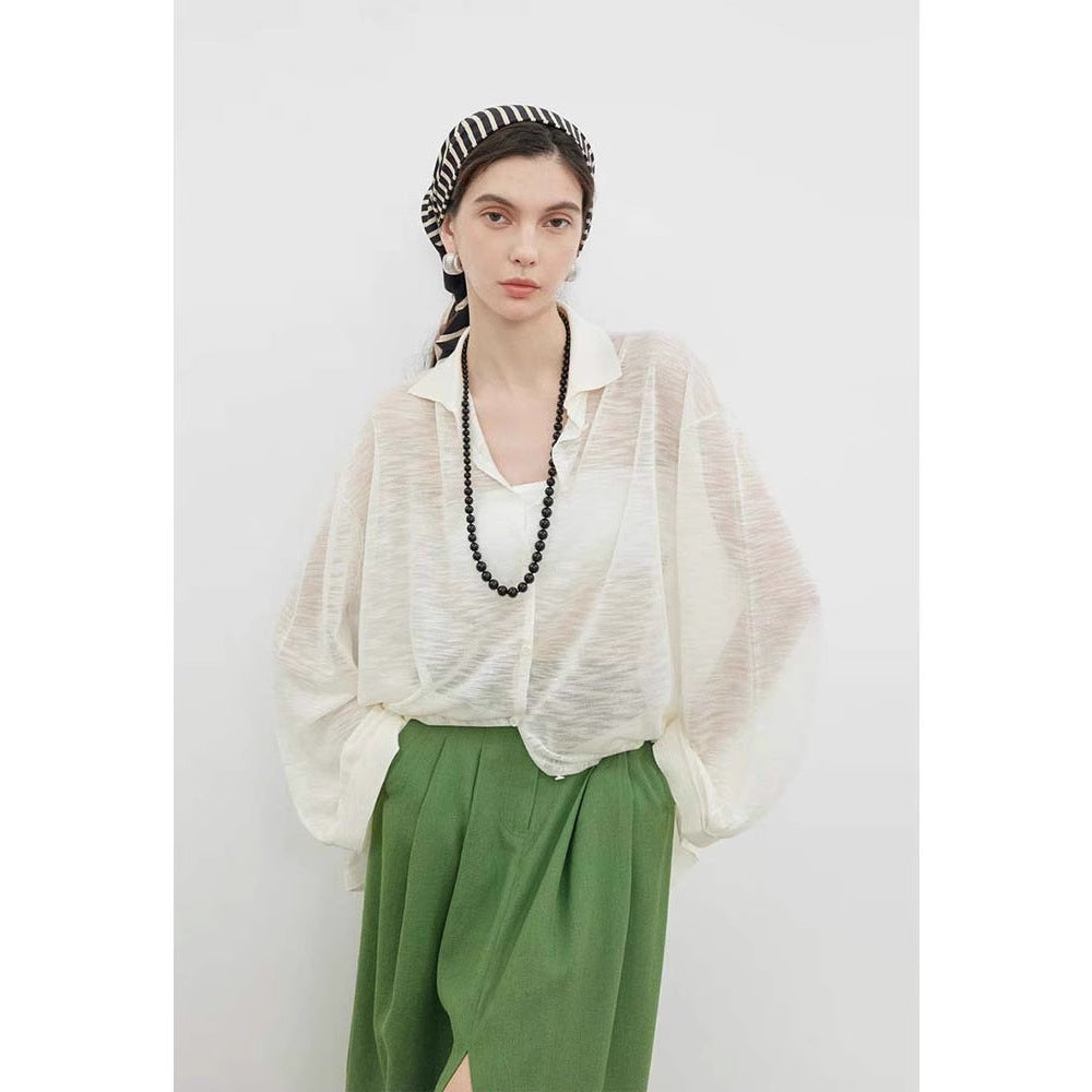Siyuan, super cool bamboo knuckle hemp texture yarn + simple POLO collar lazy wind silhouette sunscreen shirt women 9018