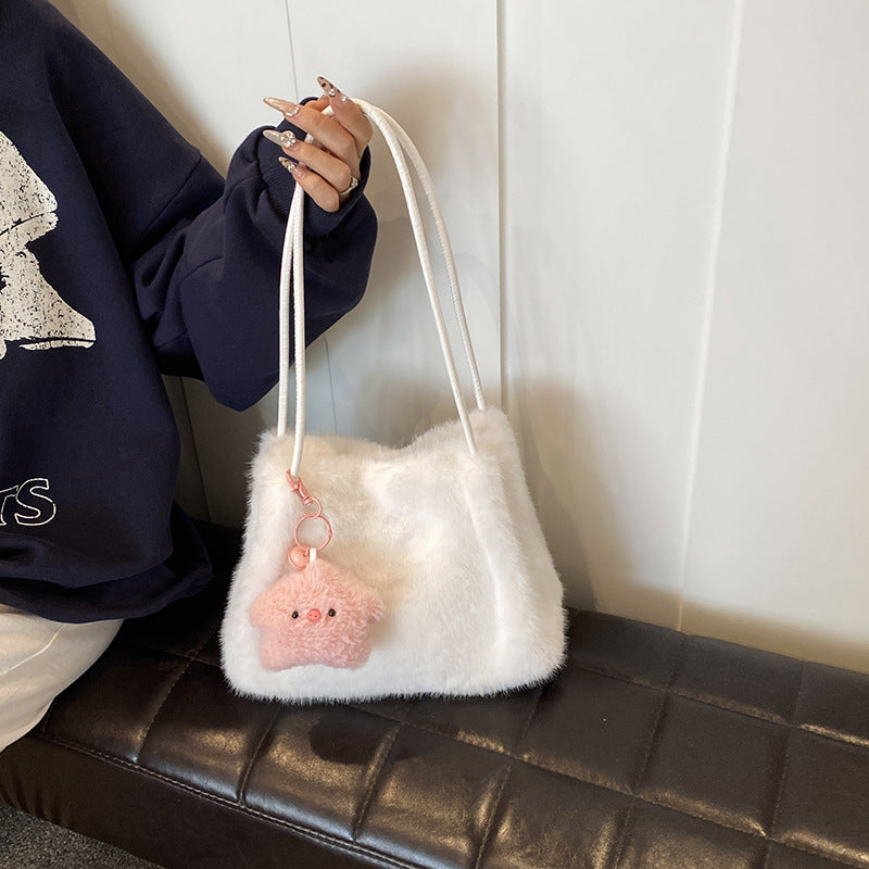 SIXSR 2025 Korean version of fashion plush tote bag popular new large-capacity cute star shoulder bag fluffy girl hand bag