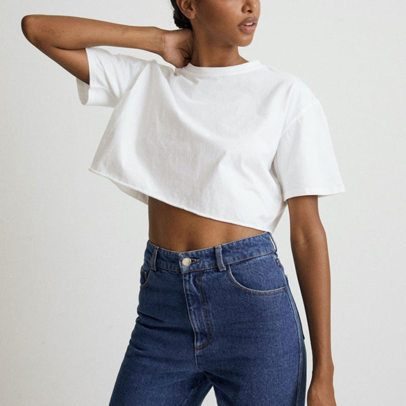Internet celebrity babes short-sleeved T-shirt women's new cotton T-shirt solid color short navel crew neck sports top tide