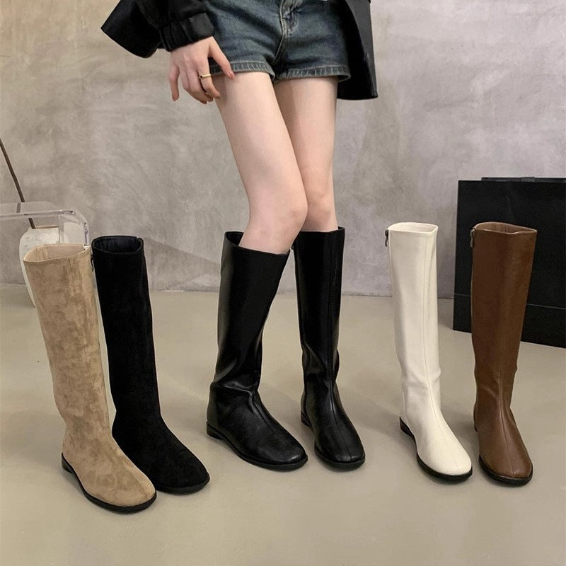 2025 Korean version of versatile flat bottom round head high boots women's knee single boots Maillard white thin long knight boots