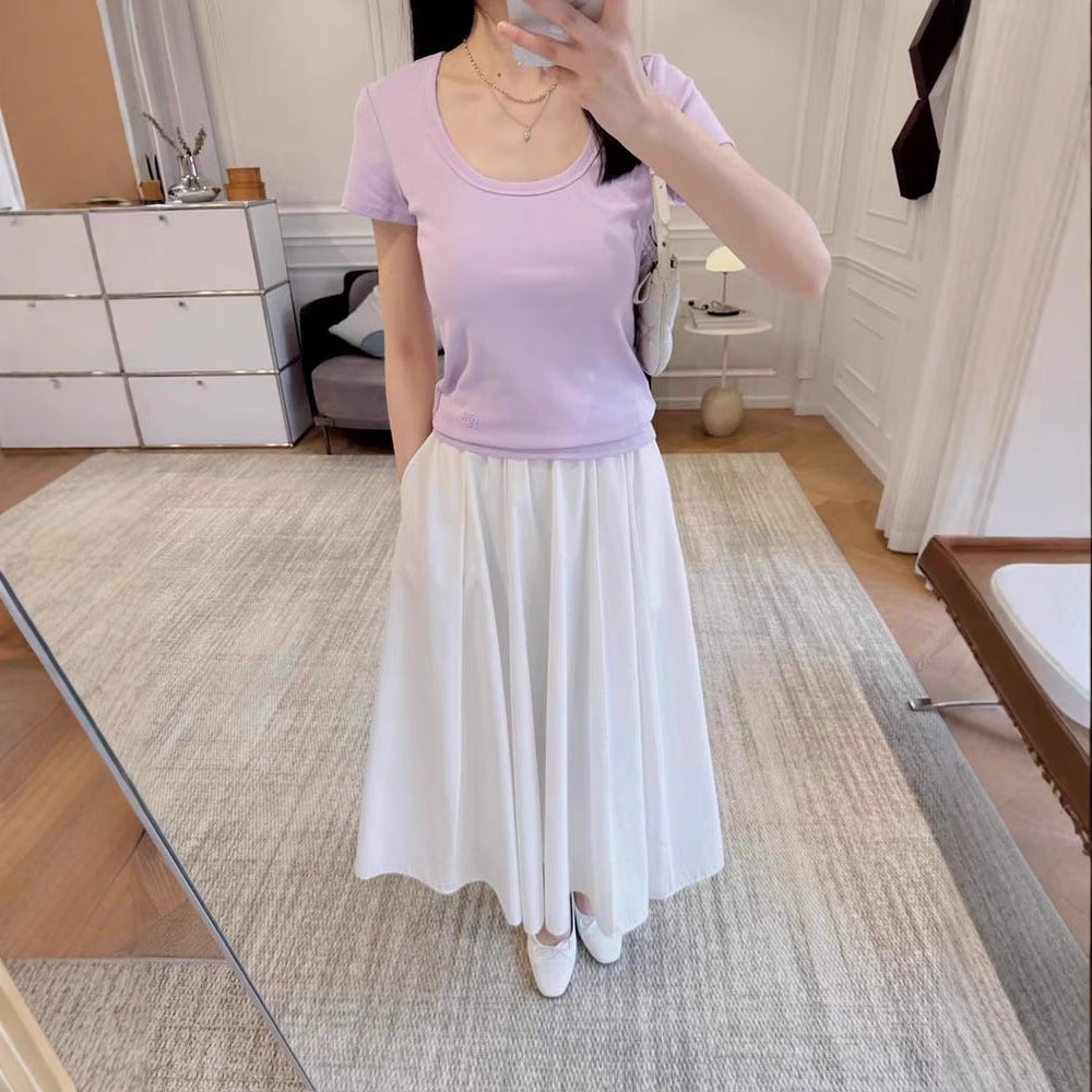 Siyuan 25 early spring simple commuting daily front shoulder five-color simple large u-neck short-sleeved T-shirt women's 8982