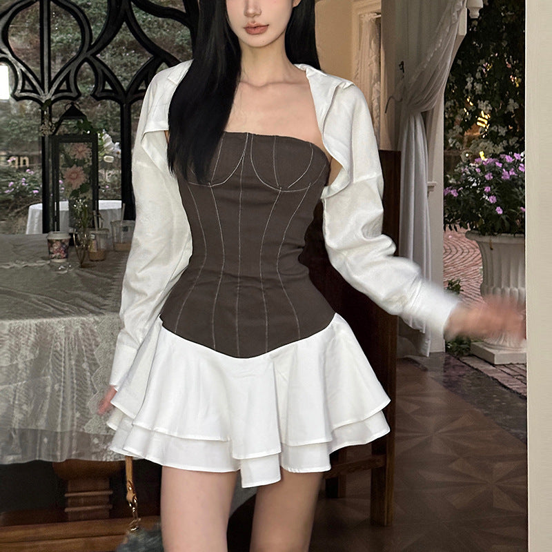 2025 style popular autumn new women's clothing short solid color coat one-word collar contrasting color splicing dress