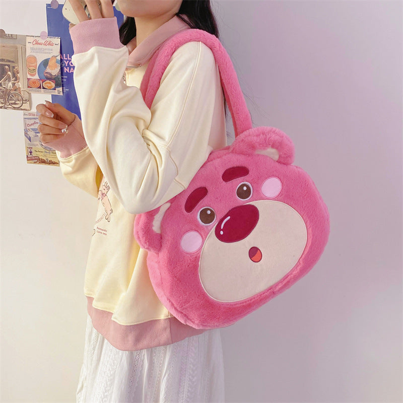 SIXSR 2025 Japanese new cute cartoon strawberry bear bag plush bag large capacity tote bag fluffy shoulder bag women's bag