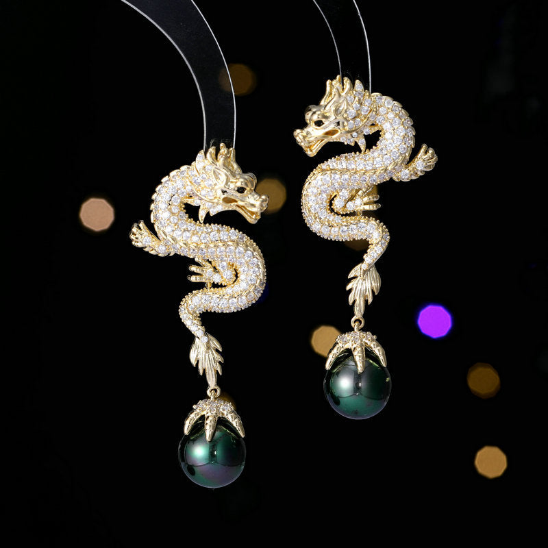 2025 popular Year of the Dragon Zodiac Earrings Pearl China Wind Heavy Industry Zircon Inlay Personality Creative Design Sense Dragon Earrings