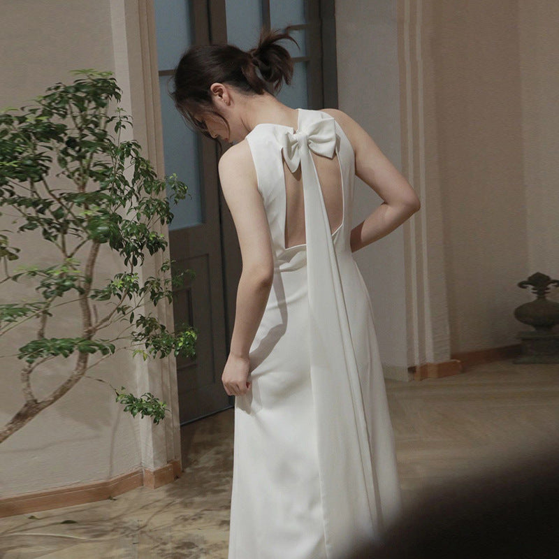 Fish tail light wedding dress temperament thin white simple welcome out yarn satin evening dress bride toast clothes wholesale