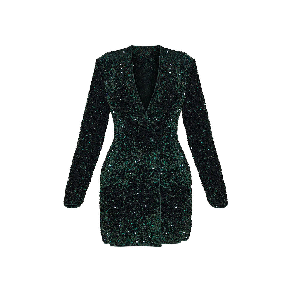 SIXSR 2025 women's clothing velvet sequined long-sleeved suit skirt temperament commuting waist hidden button long-sleeved skirt women's clothing