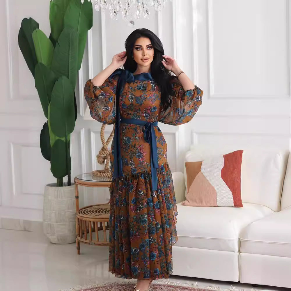 2025 popular spring and summer New Popular trade women's clothing independent station ebay sexy chiffon printing pendulum belt ball evening dress