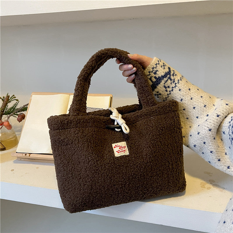 SIXSR 2025 Furry Korean version fashionable simple handbag autumn and winter new simple large-capacity lamb wool hand bag