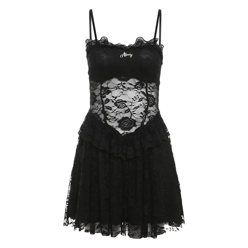 2025 style popular spring new women's clothing lace lace sweet and spicy sexy little black dress hollow dress