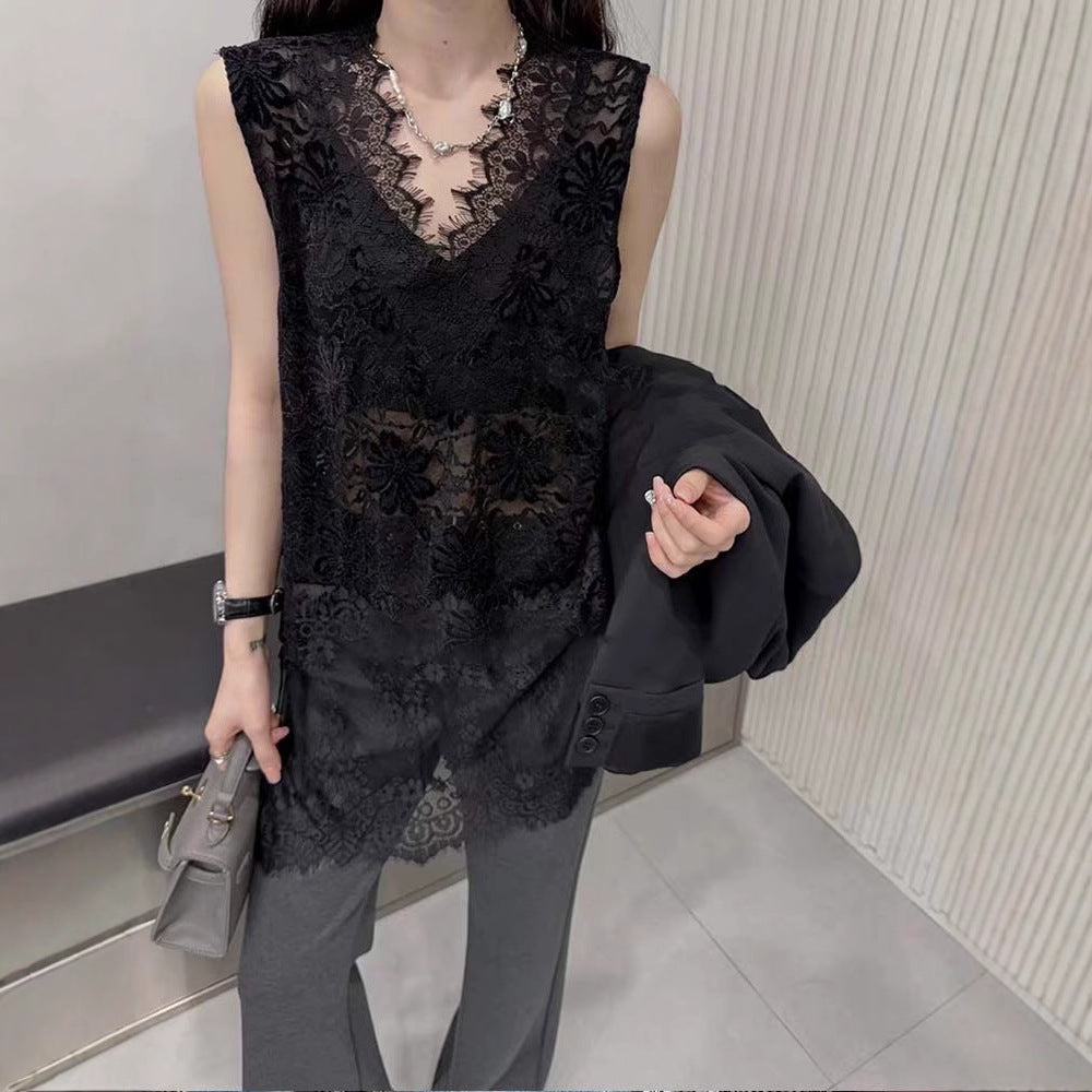 Siyuan, stacked artifact V-neck heavy industry lace sleeveless lace vest bottoming shirt women's hollow fart curtain 9023