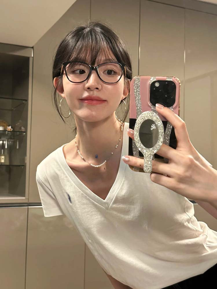 Siyuan 25 Spring and Summer Shoulder V-Neck Fox Embroidery Pure Cotton Slim Skinny T-Shirt Short Sleeve Women's Top 7771