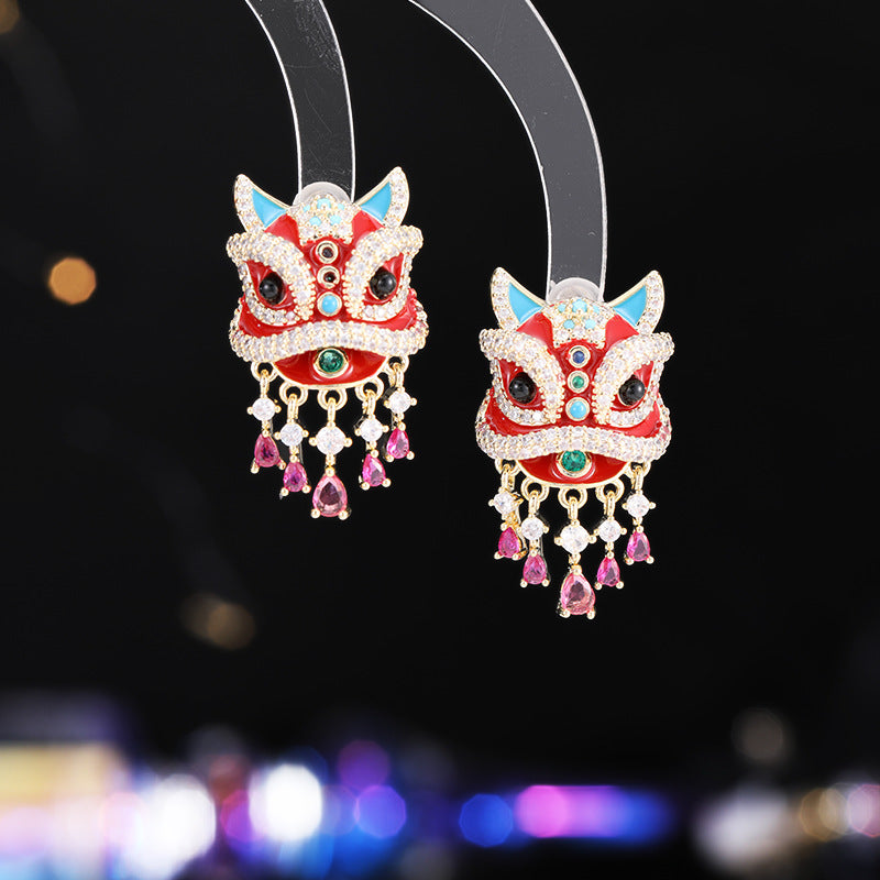 2025 New Chinese style Guochao lion dancing fringed earrings s925 silver needle high-end New Year's retro personalized fashion earrings