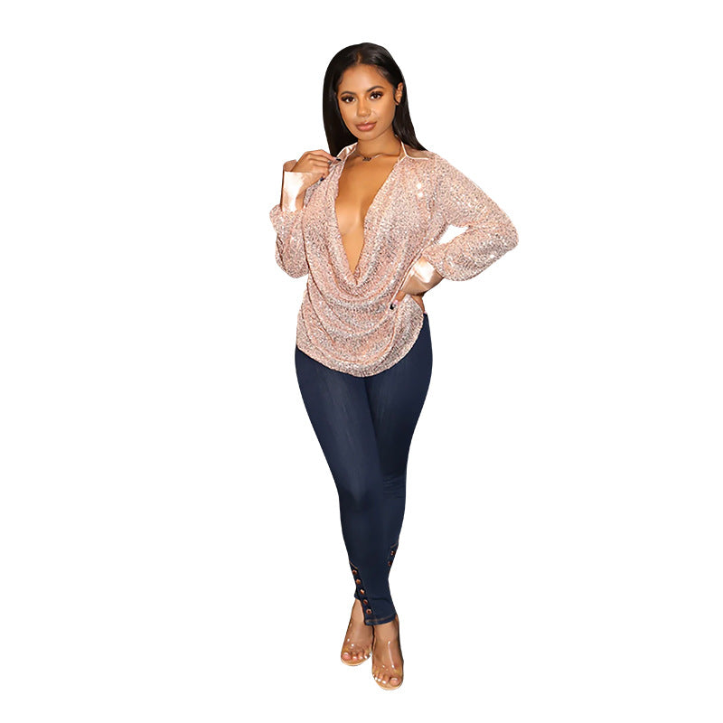 SIXSR Wholesale INS Wind Sequin Pleated Shirt Women's Wish New Loose Casual Long Sleeve Women's Shirt