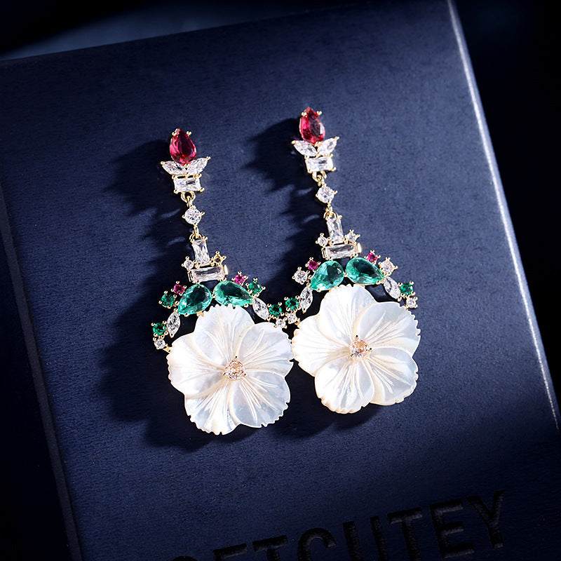 2025 Natural shell earrings long sweet temperament colored zirconium Korean fashion S925 silver needle white mother shell flower earrings
