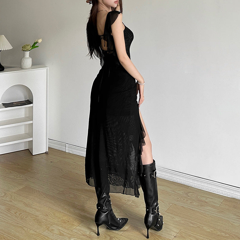 2025 style popular summer new women's clothing perspective suspender slim dress slit wavy edge dress