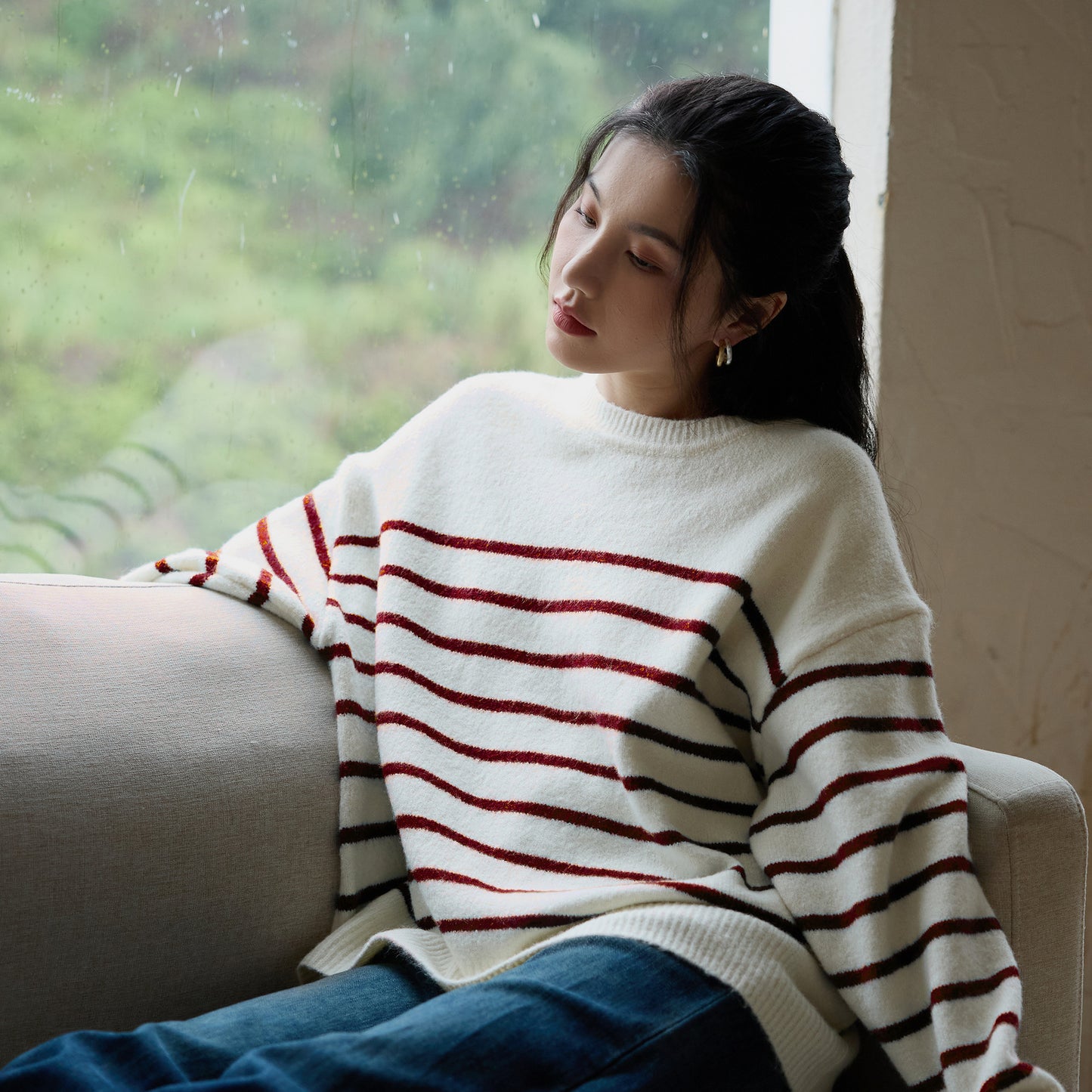 Korean version of classic striped top women's spring contrasting color crew neck knitted sweater fashionable versatile long-sleeved wool jumper