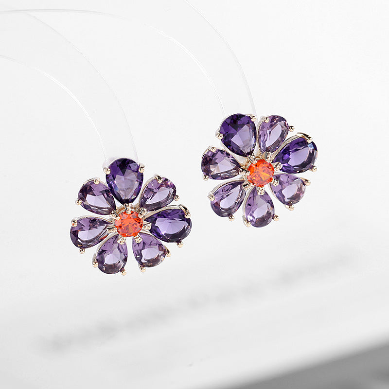 2025 South Korea's new purple zircon micro-inlaid silver needle flower earrings, fresh Mori Internet celebrity temperament stud earrings