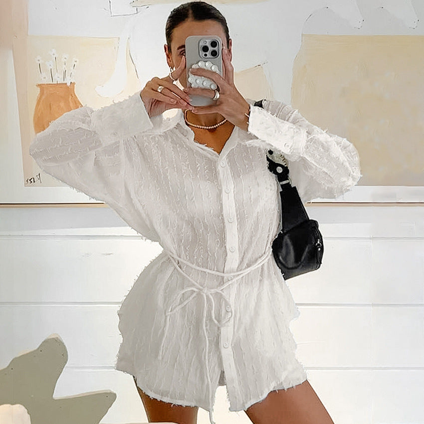 SIXSR 2025 Spring and summer New pajamas jacquard long-sleeved cardigan shorts two-piece set white casual women's loungewear wholesale