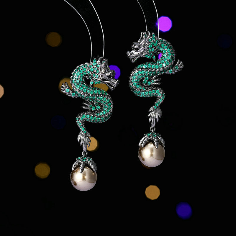2025 popular Year of the Dragon Zodiac Earrings Pearl China Wind Heavy Industry Zircon Inlay Personality Creative Design Sense Dragon Earrings