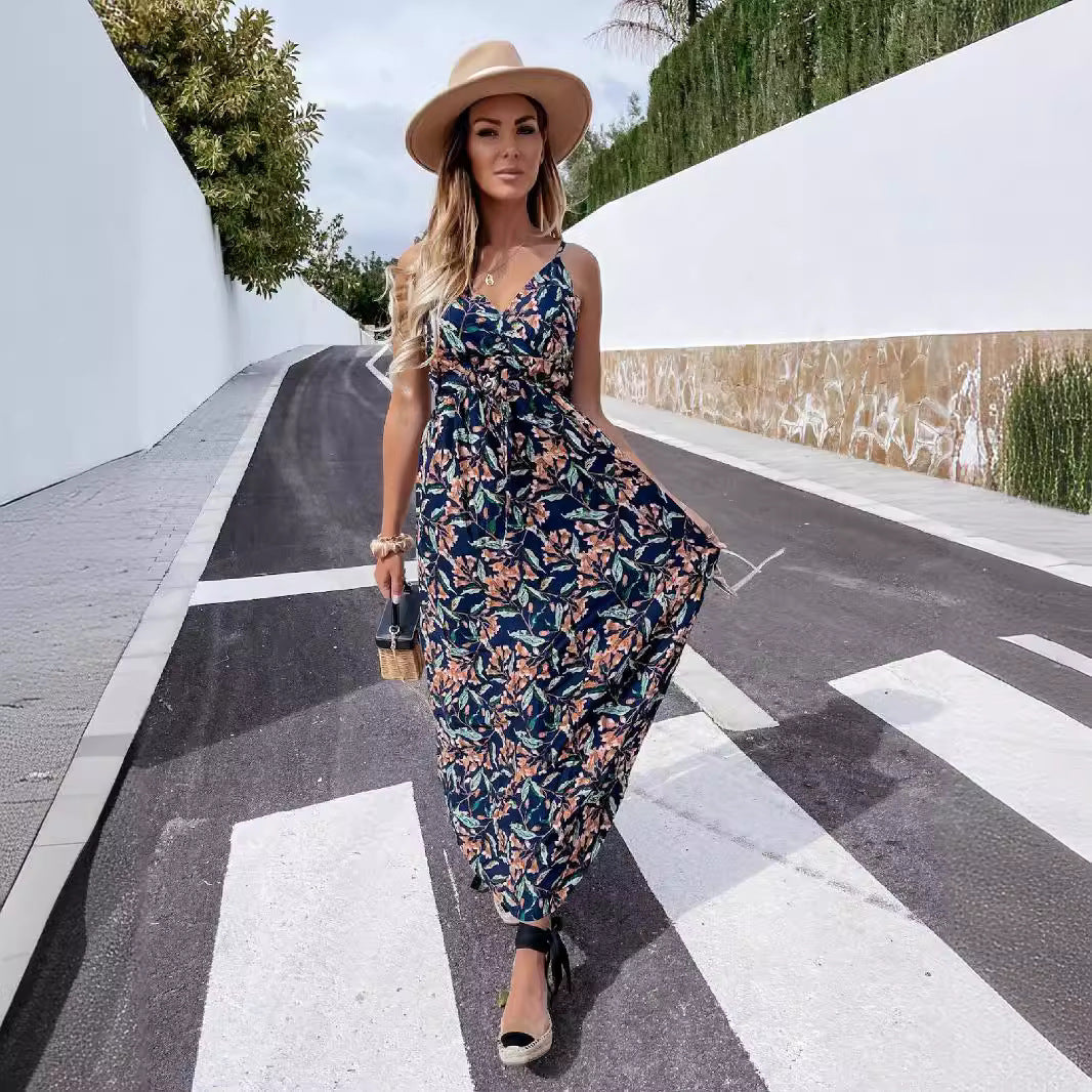 Popular trade 2025 women's clothing popular summer v-neck sleeveless suspender printed bohemian dress