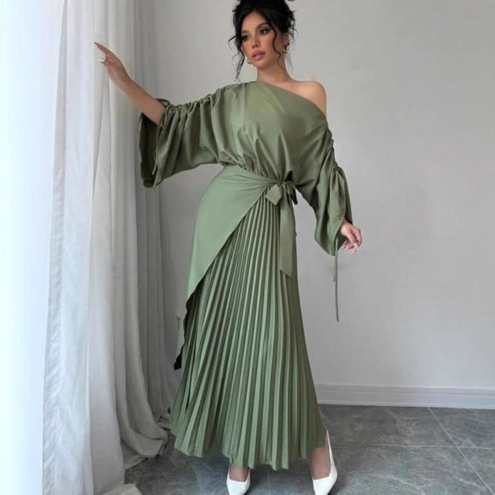 2025 popular autumn and winter New Popular, , Middle East Popular trade women's clothing independent station pleated pendulum belt belt evening dress