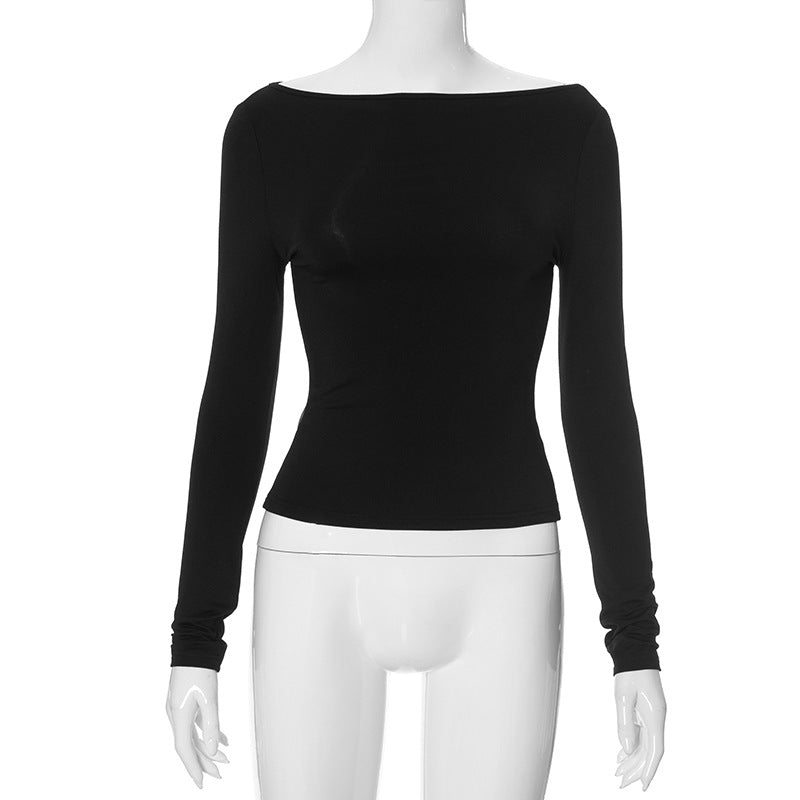 SIXSR R24TP017 2025 New women's clothing summer new hipster one-word collar slim mesh splicing long-sleeved T-shirt women