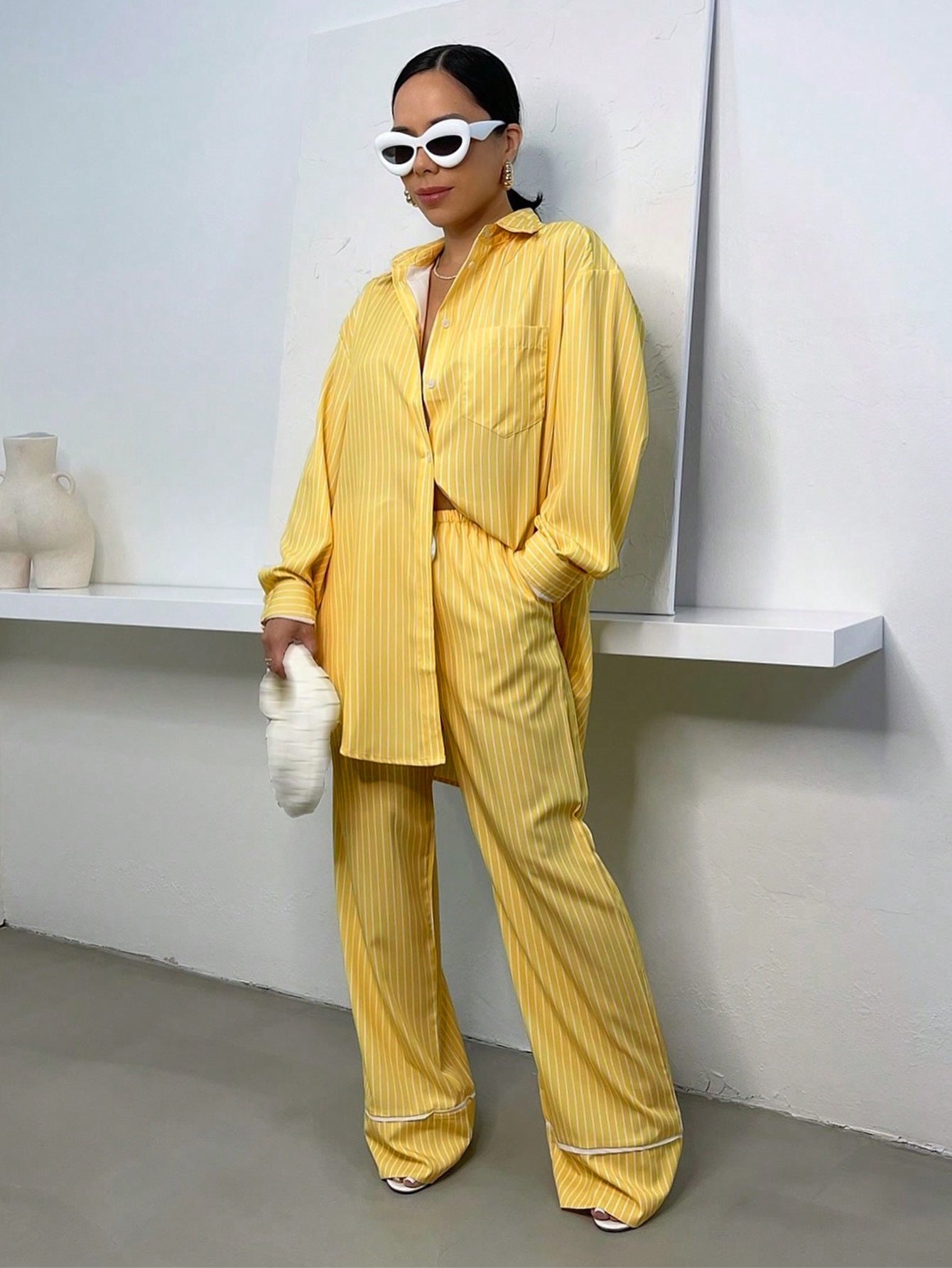 SIXSR T063 2025 autumn and winter fashion women's lapel collar long-sleeved shirt elastic waist splicing trousers striped suit