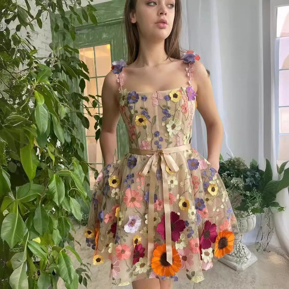 new New independent station women's three-dimensional flower embroidered hip-wrapped sexy dress