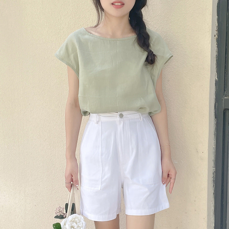 New fresh pure linen top, short round neck sleeveless slim-fitting simple daily versatile T-shirt casual outer wear women