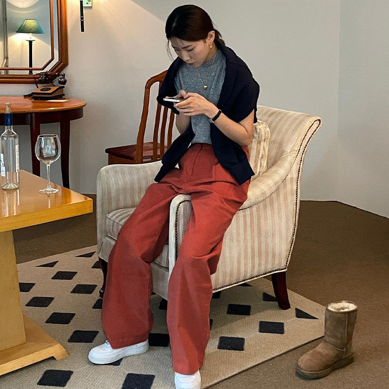 Corduroy Wide Leg Pants Women's Spring and Autumn Retro Red Loose Large Size Straight Pants High Waist Bar Velvet Mopping Long Pants