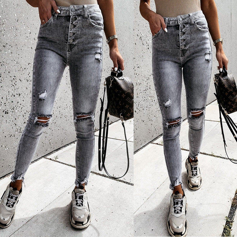 2025 wish women's jeans slim and thin ripped women's jeans trousers women's factory spot