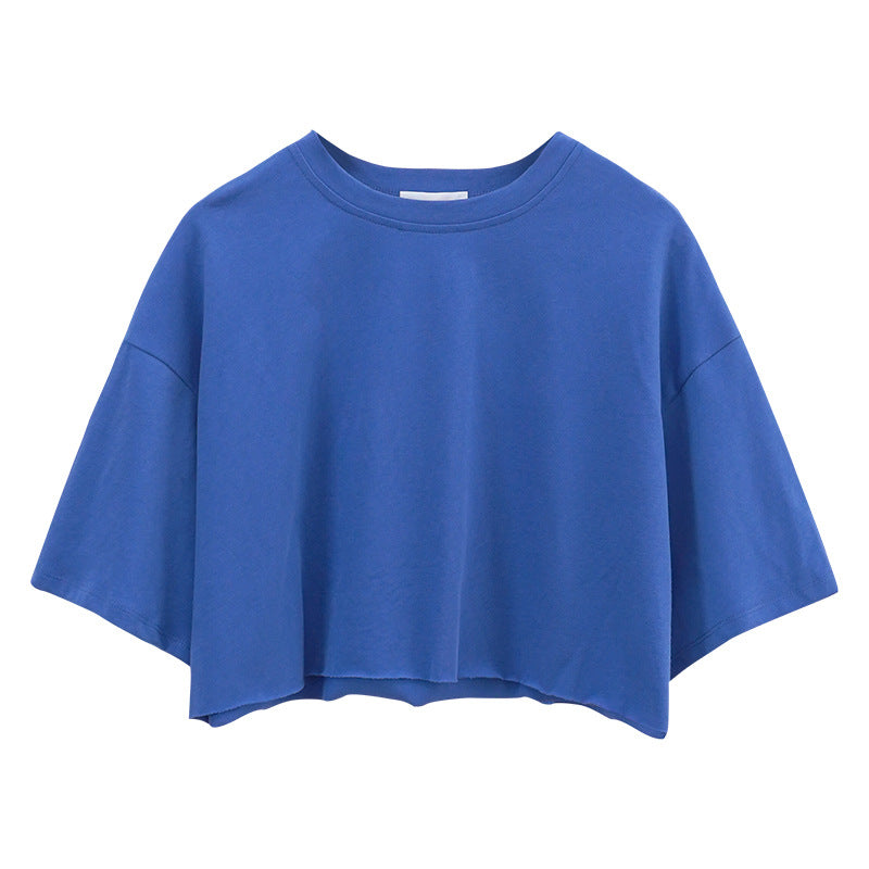 Internet celebrity babes short-sleeved T-shirt women's new cotton T-shirt solid color short navel crew neck sports top tide