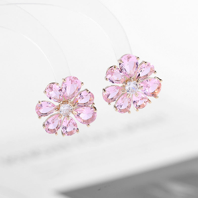 2025 South Korea's new purple zircon micro-inlaid silver needle flower earrings, fresh Mori Internet celebrity temperament stud earrings