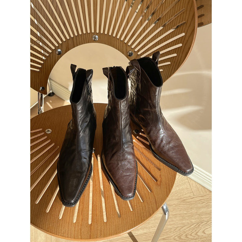 2025 Small short boots women's popular new Martin boots V-mouth bare boots pointed brown thick heel western cowboy boots