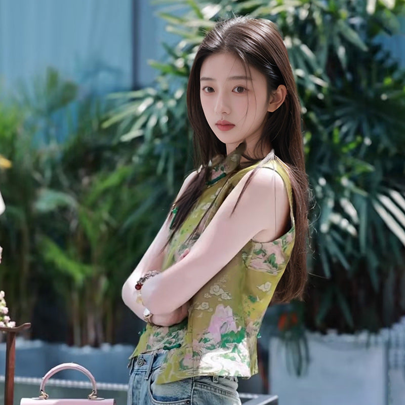 Guofeng New Chinese Green Jacquard Sleeveless Vest Women's 2025 Summer Disc Jiangshan Picture Embroidered Vest N3095