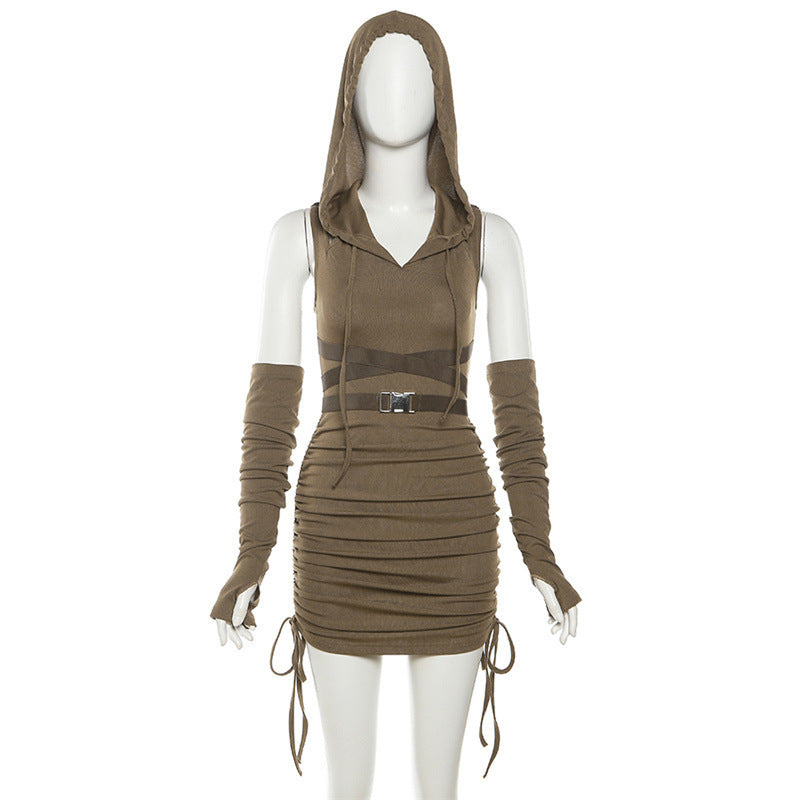 2025 style 2025 spring new women's clothing wasteland wind bilateral drawstring hooded pleated thin dress