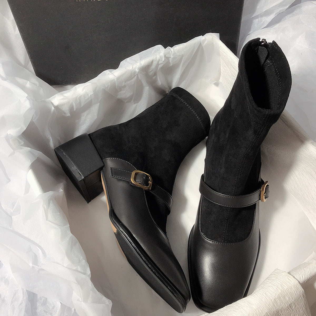 2025 Simple and well-behaved Mary Jane short boots buckle back zipper thick heel elastic boots thin boots large size women