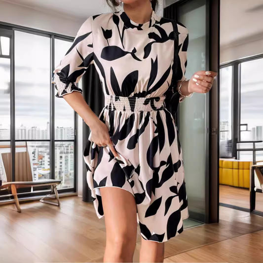 popular summer 2025 Popular trade women's clothing   fashion printed short-sleeved ruffle edge dress