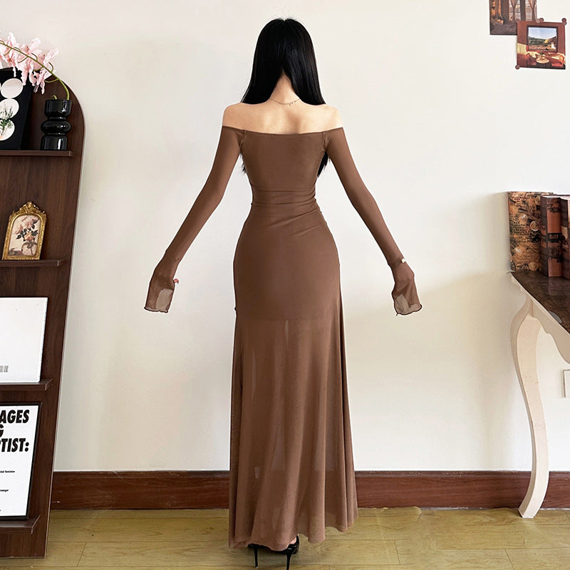 2025 style 2025 spring new women's clothing retro style one-word collar perspective mesh solid color long dress dress