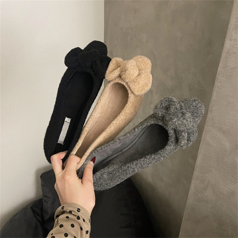 2025 gentle fairy wind fluffy shoes female outer wear popular new square head bow evening soft sole single shoes laden shoes