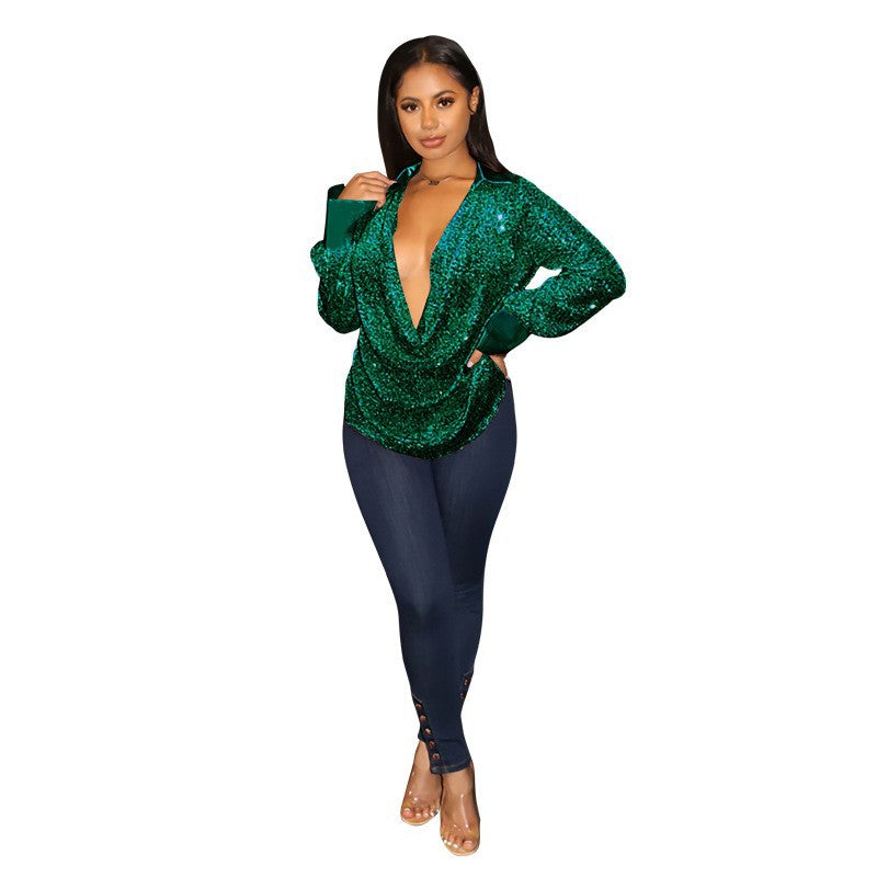 SIXSR Wholesale INS Wind Sequin Pleated Shirt Women's Wish New Loose Casual Long Sleeve Women's Shirt