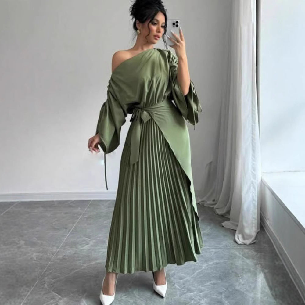 2025 popular autumn and winter New Popular, , Middle East Popular trade women's clothing independent station pleated pendulum belt belt evening dress