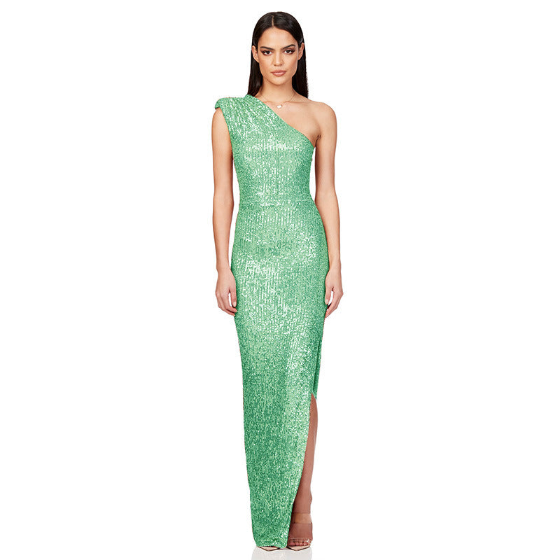 SIXSR 2025 Skirt summer women's clothing INS sleeveless one-shoulder split sequined long dress 2025 temperament dress women's wholesale