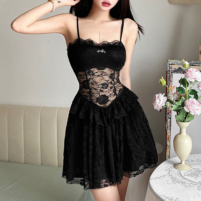 2025 style popular spring new women's clothing lace lace sweet and spicy sexy little black dress hollow dress