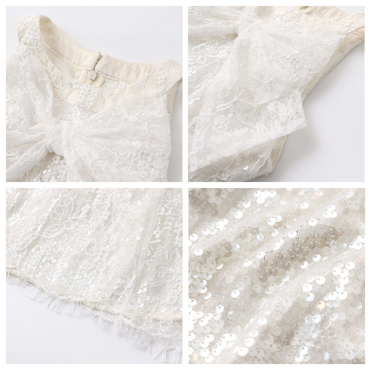 romantic lace mesh slim fit beautiful dress women's 2025 summer bow light luxury dress N3058