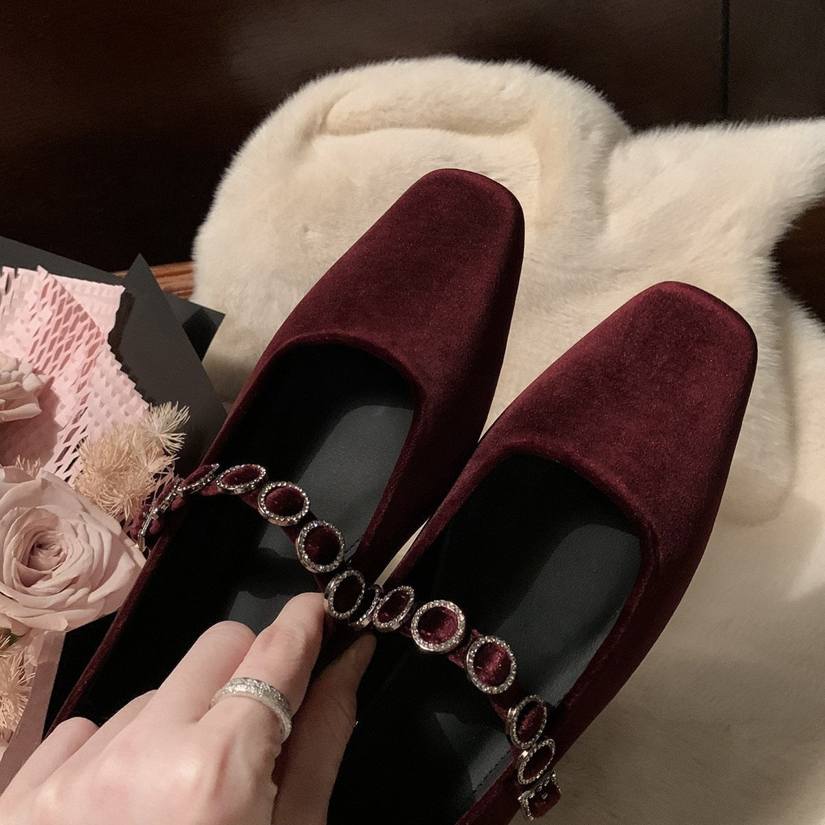 2025 square head light mouth high heels one-word diamond belt low heel suede Mary Jane single shoes